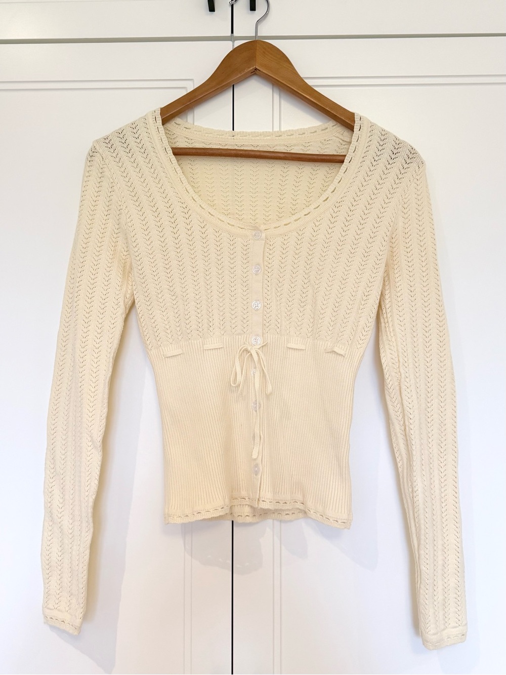 Cream/Pale Yellow Pointelle Knit Button Front Long Sleeve Top